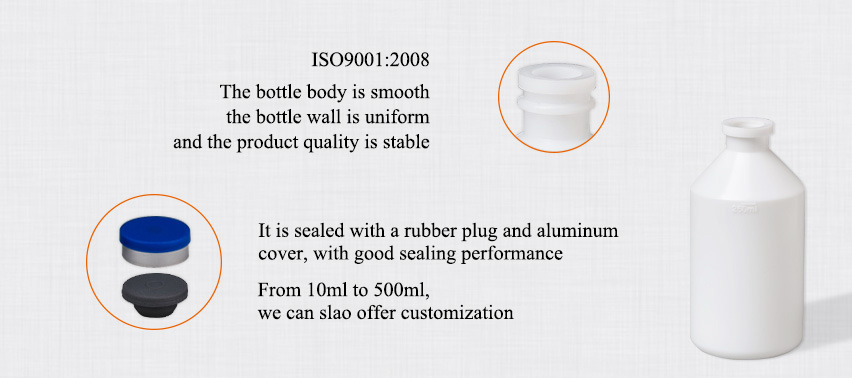 Advantage of 10ml injection vial:1.ISO9001:2008
2.It is sealed with a rubber plug and aluminum cover, with good sealing performance;
3. The bottle body is smooth, the bottle wall is uniform, and the product quality is stable;
4.From 10ml to 250ml, we can slao offer customization