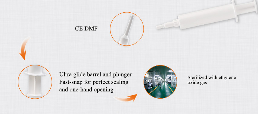 Advantage of 8ml disposable syringe:
CE DMF
Ultra glide barrel and plunger
EO sterilization
Excellent sealing 
Self-venting barrels with “lead-in” aid for easy fill